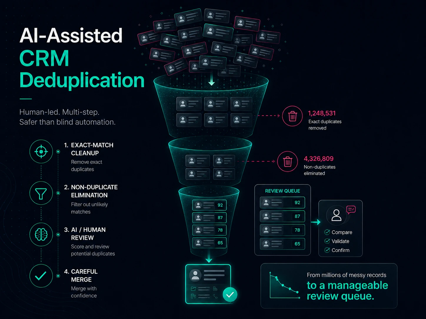 AI-Assisted CRM Deduplication — a four-step funnel workflow: exact-match cleanup, non-duplicate elimination, AI and human review, careful merge.