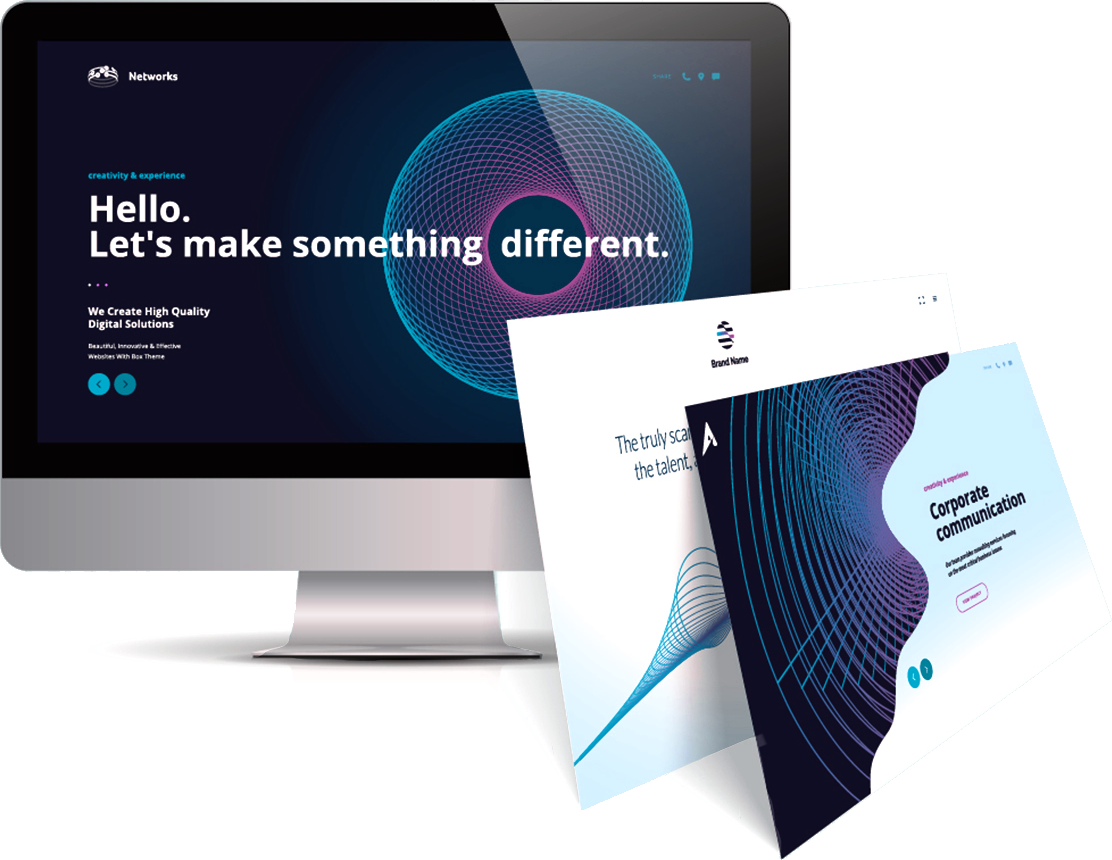 Website designs as rigid cards in front of a screen
